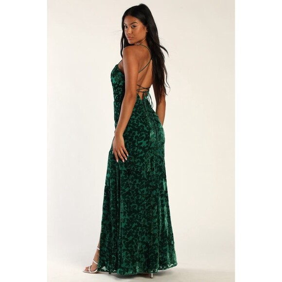 Lulu’s Womens Leave You Wishing Emerald Green Burnout Velvet Lace-Up Dress Sz L - Picture 2 of 12